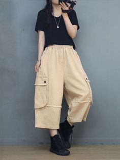 Style: Street Material: Cotton Pattern: Solid Color Length: Ninth Pants/Skirts Decoration: Pocket Closure Type: Elastic Silhouette: Loose Gender: Female Season: Summer #pants #trousers #anklepants #cotton Summer Khaki Relaxed-fit Cargo Pants, Casual Wide Leg Summer Cargo Pants, Summer Casual Wide Leg Cargo Pants, Summer Khaki Bottoms With Pockets, Utility Bottoms With Pockets For Spring, Casual Baggy Summer Cargo Pants, Summer Khaki Cargo Pants, Baggy Cargo Pants With Patch Pockets For Spring, Baggy Cargo Style Summer Bottoms