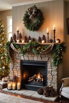 a fireplace decorated for christmas with candles and wreaths