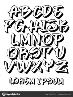 the alphabet is drawn in graffiti style with black and white ink on a white background