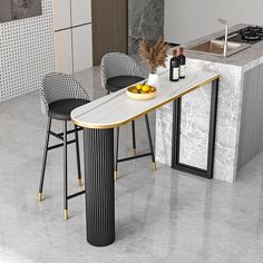 a modern kitchen with marble counter tops and bar stools next to the island table