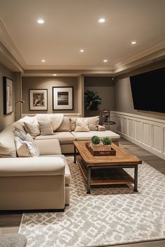 a living room filled with furniture and a flat screen tv mounted to the side of a wall