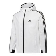 adidas Men's Sport Woven Windbreaker Jacket White GQ0623 Sporty Adidas Windbreaker With Logo, Sporty Hooded Windbreaker With Adidas Logo, White Adidas Logo Functional Track Jacket, Adidas Functional Windbreaker With Logo, White Adidas Functional Track Jacket, White Functional Adidas Track Jacket, White Technical Sports Outerwear, White Technical Hooded Track Jacket, Technical White Hooded Track Jacket