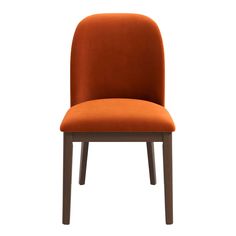 an orange upholstered chair with wooden legs and backrests, viewed from the side