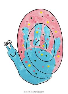 a child's drawing of a snail with pink and blue paint on its shell