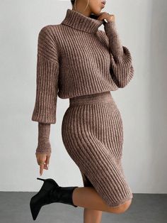 Solid High Neck Long Sleeve Cinched Waist Casual Knitted Dress Multicolor Elegant  Long Sleeve Knitwear Plain  Medium Stretch  Women Clothing, size features are:Bust: ,Length: ,Sleeve Length: Women Closet, Knee Length Sweater Dress, Knee Length Sweater, Lantern Sleeve Sweater, Bodycon Sweater, Split Hem Dress, Bodycon Sweater Dress, Slim Fit Sweater, Dream Dresses