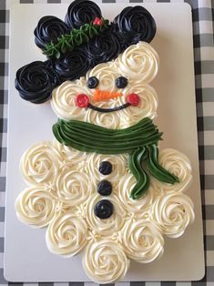 a snowman made out of cupcakes sitting on top of a white plate