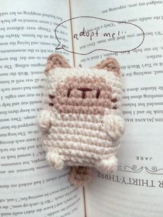 a crocheted cat brooch sitting on top of an open book with a thought bubble above it