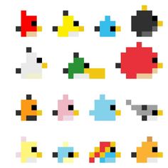 an image of pixelated video game characters in different colors and sizes on a white background