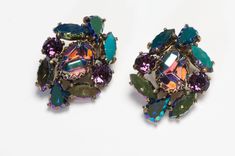 Vintage 1960’s Elsa Schiaparelli Purple Green Aurora Borealis Crystal Earrings Vintage Multicolor Evening Earrings, Vintage Multicolor Earrings For Evening, Multicolor Vintage Evening Earrings, Multicolor Vintage Earrings For Evening, Multicolor 17 Jewel Earrings For Party, Retro Earrings For Evening, Vintage Multicolor Drop Clip-on Earrings, Unique Evening Clip-on Earrings, Unique Clip-on Earrings For Evening