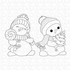 two snowmen are sitting next to each other and one has a candy cane in his hand