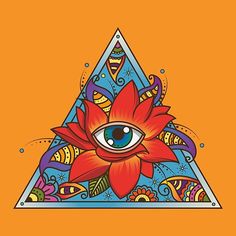 an all seeing eye in the middle of a triangle with flowers and paisleys around it