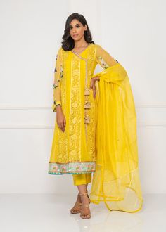 Yellow Anarkali Set With Dabka In Traditional Drape, Fitted Yellow Kurta With Sheer Dupatta, Yellow Chanderi Long Sleeve Anarkali Set, Elegant Yellow Chanderi Kurta, Yellow Kurta With Sheer Dupatta For Festive Occasions, Yellow Straight Kurta With Sheer Dupatta, Fitted Yellow Churidar With Sheer Dupatta, Elegant Yellow Churidar With Sheer Dupatta, Yellow Long-sleeved Kurta With Sheer Dupatta