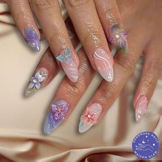 Flower Garden Nails, Gel Nails Pastel, Cristal Nails, Acrylic Gel Nails, Garden Nails, Nails Pastel, Airbrush Nails, Green Nail Designs