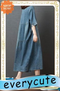 Handmade Blue V Neck Button Patchwork Fall Denim Half Sleeve Maxi Dress Fall Denim, Sleeve Maxi Dress, Blue V, Maxi Dress With Sleeves, Half Sleeve, Half Sleeves, Loose Fitting, Shop Now, Maxi Dress