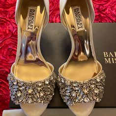 Never Worn Out. - Ivory Satin - Approx 3 1/4” Heel - Gorgeous Sparkling Crystals - Great Wedding Shoes - Small Water Stain (Happened When Trying On Shoes) - Box, Dust Bag Not Included Crystal Wedding Shoes, Badgley Mischka Shoes, Shoes Box, Crystal Wedding, Sparkling Crystal, Badgley Mischka, Shoe Box, On Shoes, Wedding Shoes