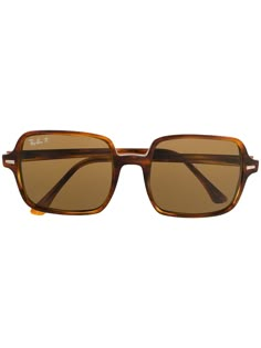 Brown square frame sunglasses from Ray-Ban featuring a tortoiseshell effect, tinted lenses, a hinged structure and a brand logo on external arm. This item comes with a protective case. Ray Ban Square Sunglasses, Brown Ray Bans, Brown Square Sunglasses, Sunglasses Small Face, Brown Sunglasses Aesthetic, Tan Sunglasses, Retro Square Sunglasses, Brown Items, Hippie Sunglasses