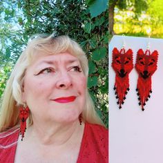 These Native Red Wolf are custom made by Elaine. They are made in  Black, Red, Orange, Delica Beads. If you have any Questions please ask.  Thanks for looking. Handmade Red Beaded Earrings For Festival, Southwestern Red Beaded Earrings As Gift, Artisan Red Beaded Earrings, Southwestern Style Red Beaded Earrings As Gift, Southwestern Style Red Beaded Earrings For Gift, Artisan Red Handmade Beaded Earrings, Red Handwoven Beaded Earrings For Festival, Artisan Red Beaded Earrings For Festival, Wolf Earrings