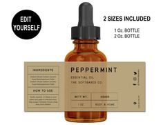 a bottle of peppermint essential oil next to a label with instructions on how to use it