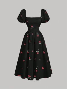 Vestido com bainha franzida na cintura, manga bufante e detalhe plissado no busto com estampa de rosas na base Preto Casual  Manga Curta Tecido Bloco de cores,Frutas&Vegetais,Plantas,Estampa total Em A Não elástico  Women Clothing, size features are:Bust: ,Length: ,Sleeve Length: Country Style Dresses, Modest Girly Outfits, Sun Dress Casual, Vegetable Plants, Diy Clothes Life Hacks, Easy Trendy Outfits, Evening Dresses Elegant