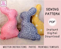 three stuffed animals sitting next to each other on top of a white sheet with the words sewing pattern