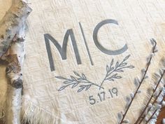 a close up of a piece of cloth with the word mic on it and some branches