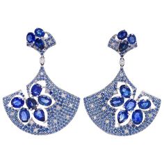 18K white gold. Blue Sapphires: 17.80ct total weight. Diamonds: 0.42ct total weight. All diamonds are G-H/SI stones. Blue Diamond Earrings, Diamond Solitaire Earrings, Blue Sapphire Diamond, Lovely Jewellery, Blue Diamond, Jewelry Patterns, High Jewelry, Jewelry Lover, White Metal