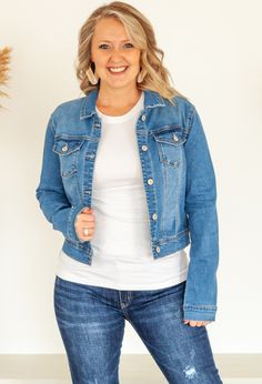 The one versatile item your closet needs is a great stone washed denim jacket to pair with all your favorite outfits for daytime and evening outings. Cropped style eatures two pockets and button front closure. Pairs perfectly with the Dreamer Tee or Essential Tee in any color. Shown with Kan Can Distressed Jeans and Kan Can Jeans or Linen Pants. 68% Cotton 26% Polyester 4% Rayon 2% Spandex 0-4 Small 5-9 Medium 10-12 Large Relaxed Fit Medium Wash Denim Jacket For Day Out, Medium Wash Button-up Denim Jacket For Day Out, Chic Medium Wash Relaxed Fit Denim Jacket, Chic Medium Wash Relaxed Denim Jacket, Chic Relaxed Fit Medium Wash Denim Jacket, Everyday Light Wash Denim Jacket With Buttoned Pockets, Medium Wash Button-up Outerwear For Day Out, Chic Washed Button-up Denim Jacket, Button-up Medium Wash Outerwear For Day Out