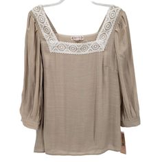 Nanette Lepore Nwt Square Neck Crocheted Lace Top M Tan Light Stone Neutral Tone, Earth Tone, Loose, Cottagecore, Peasant Top Blouse, 3/4 Sleeve, Single Button Cuff, Front Is Lined, Solid Woven Construction, Shell 65% Rayon 35% Polyester Size M New With Tag. Approximate Measurements When Laying Flat And Unstretched: Armpit To Armpit 18.5" Length From Shoulder To Bottom Hem 26.5" C-1227 Elegant Beige Tops With Crochet Trim, Sleeveless High Neck Blouse, High Neck Lace Blouse, Cutout Tank Top, Yellow Floral Blouse, Embroidered Lace Top, Sheer Floral Blouse, Crochet Lace Top, Black Camisole