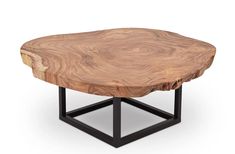 a wooden table with black metal legs and a wood slab on the top, in front of a white background