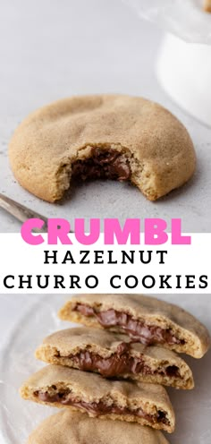 two cookies on a plate with the words crumbl hazelnut churro cookies