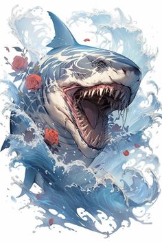 a shark with its mouth open in the water