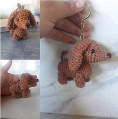 a crocheted dog keychain being held by someone's hand