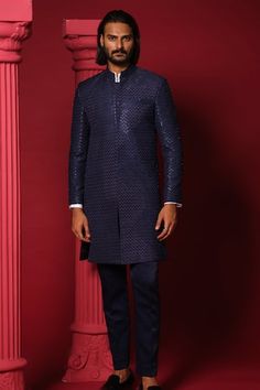 Navy blue bandhgala with embroidered french knot and cutpipes. Paired with a white cotton shirt and a navy blue plain trouser. - Aza Fashions Formal Blue Bandhgala With Cutdana Detailing, Semi-formal Blue Sherwani With Zari Work, Festive Blue Sherwani For Semi-formal Occasions, Blue Bandhgala, Trouser Pattern, Mithila Palkar, Jayanti Reddy, Anushree Reddy, White Cotton Shirt