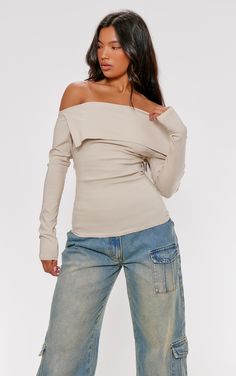 The Stone Stretch Woven Bardot Long Sleeve Top. Head online and shop this season's range of tops at PrettyLittleThing. Clear Strap Heels, Tops Long Sleeve, Women Long Sleeve Tops, Gold Accessories, Long Sleeve Crop, Long Sleeve Bodysuit, Corset Top, Strap Heels, Out Of Style