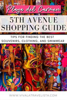 colorful handbags and purses for sale with text overlay that reads, 5 th avenue shopping guide tips for finding the best souvenirs, cl