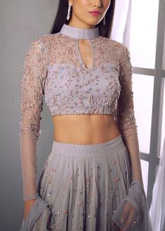 Netted Blouse Designs, Net Blouse, Georgette Lehenga, Indian Outfits Lehenga, Lehenga Blouse Designs, Gaun Fashion, Lilac Grey, Elegant Blouse Designs