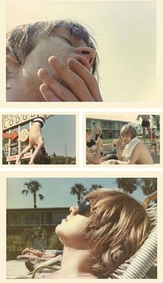 the collage shows people in bathing suits and sunbathers, one with his hand on his face