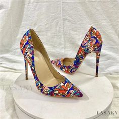 Lasaky - Silk Floral High Heels with Pointed Toe, Slim Heel, and Shallow Mouth - Perfect for Parties and Special Occasions Multicolor High Heel Wedding Shoes, Multicolor High Heels For Wedding, Multicolor Floral Print Heels With Round Toe, Elegant Multicolor Wedding Heels, Multicolor Floral Print High Heels, Elegant Fitted Multicolor Heels, Multicolor Closed Toe Heels With Floral Print, Elegant Multicolor Closed Toe Heels, Elegant Multicolor Pointed Toe Heels