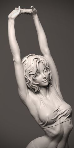 a statue of a woman with her arms up and hands behind her head, in black and white