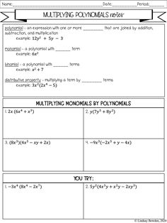 the worksheet for multiplying polymias and trinomals