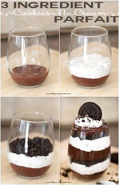 Wow! This is so easy to make and looks delicious! Cookies n Cream Parfait via thepinningmama.com Cookies N Cream, Resep Smoothie, Parfait Desserts, Parfait Recipes, Cookies N Cream Cookies, Dessert Cups, No Bake Treats