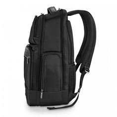 the back view of a black backpack on a white background