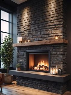 a living room with a fire place next to a window