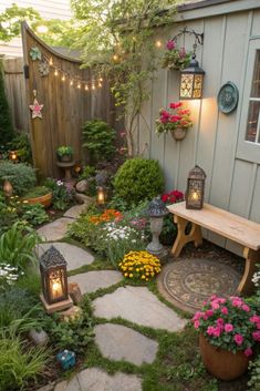 a garden with flowers and lights in the back yard, including a bench surrounded by potted plants