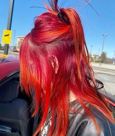 Flame Colored Hair, Red And Pink Dyed Hair, Bright Orange Red Hair, Vivid Orange Hair, Sunset Dyed Hair, Red Faded Hair, Fire Color Hair, Red To Orange Ombre Hair