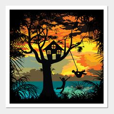 two people swinging on a tree swing in front of an orange and blue sky at sunset