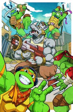 the teenage mutant turtles are playing with each other in front of an image of them