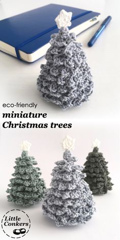 crocheted christmas trees are shown in three different colors