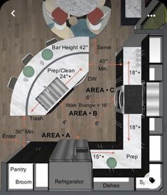 an overhead view of a kitchen and dining area with measurements for the areas in the floor plan