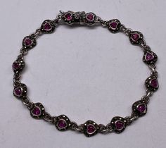 "Beautiful Cute and Dainty Unique Vintage 925 Sterling Silver Marcasite & Pink Sapphire Heart Shaped Link Bracelet good pre/owned condition measures 7 1/8\" length." Silver Vintage Jewelry, Vintage Silver Jewelry, Rose Bracelet, Sterling Silver Marcasite, Dope Jewelry, Rose Vintage, Gold Heart Necklace, Funky Jewelry, Jewelry Lookbook